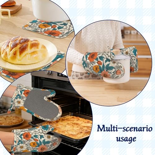 Vintage Floral Potholders & Oven Mitts Sets Abstract Flowers Silicone Heat Resistant Oven Mits and Hot Pads Non (Vintage Floral,abstract Flowers)