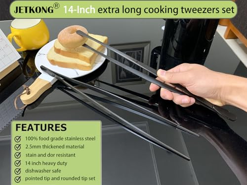 2 Pcs 14 Inch Food Tweezer Tongs Extra Long Stainless Steel Kitchen Tweezer Cooking Tweezers (14+14 Inch / Black)