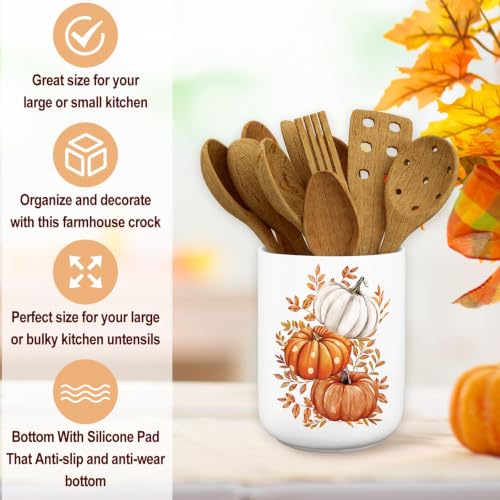 Fall Ceramic Utensil Holder Watercolor Pumpkin Leaves Utensil Crock for Autumn Harvest Thanksgiving Home Kitchen Countertop Storage Organizer Container