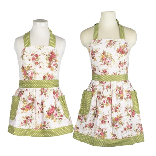 Kitchen Aprons with Pockets for Mother and Daughter (Floral Quartz Pink)