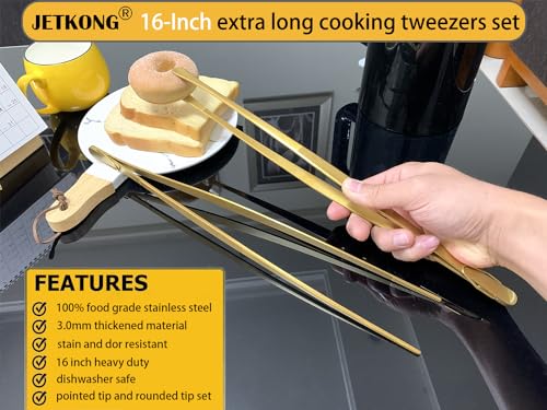 2 Pcs 16 Inch Heavy Duty Cooking Tweezers Extra Large Stainless Steel Food Tweezers Gaint Kitchen Tweezer Tongs (16+16 Inch / Gold)