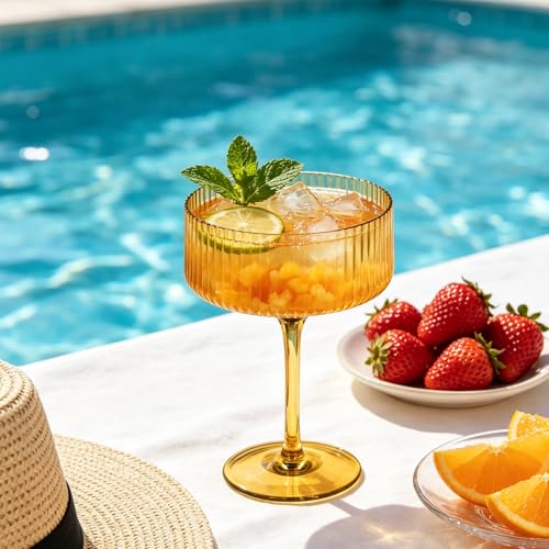 6 PCS Ribbed Coupe Glasses Amber Plastic Champagne Coupe Cup 10.5oz Espresso Martini Glass Shatterproof Acrylic Vintage Margarita Glassware Cocktail Glass for Thanksgiving Wedding (Amber / 6 PCS)