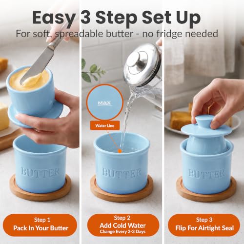 Butter Crock with Lid for Countertop with Spreader Knife and Water Line (Light Blue / Regular)