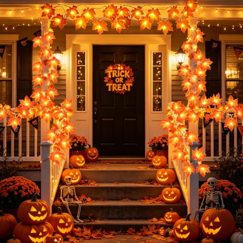 Fall Decor 2 Pack Fall Garland with Lights Enlarged Maple Leaves 20Ft 40LED (2 Pack)