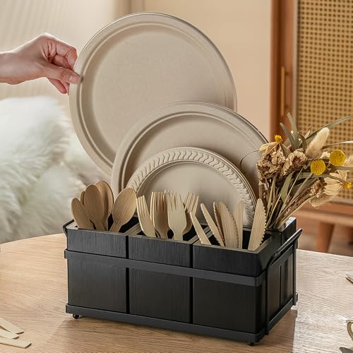 Silverware Caddy Black Wood Silverware Holder Paper Plate Dispenser (Black)