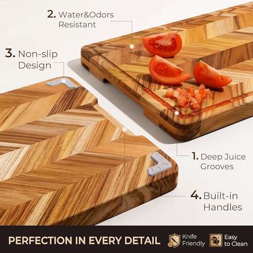 Teak Wood Cutting Board for Kitchen Large End Grain Heavy Duty Checkered Wooden Cutting Board Non Toxic Herringbone Charcuterie Butcher Block Non Slip Hardwood Chopping with Juice Groove Handle (17"L x 12"W x 1.25"H)