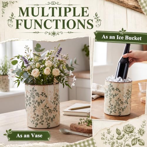 Rustic Ceramic Utensil Holder Brown Green Floral 6.9" (Brown Green Floral / 6.9" / Rustic)