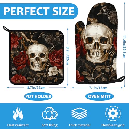 Halloween Skull Rose Crow Oven Mitts and Pot Holders Sets Heat Resistant 4Pcs Potholders Oven Gloves Hot Pads for Kitchen Baking Cooking Grilling BBQ (Skull Rose Crow)