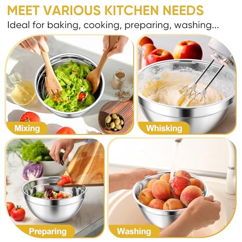 Mixing Bowls 3PCS Stainless Steel Serving Salad Bowls (Multicolor / Transparent Airtight Lids)
