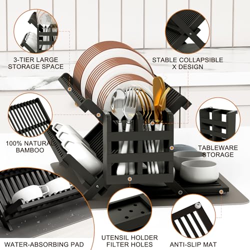 Black Bamboo Dish Drying Rack with Utensil Holder (Black / 3-Tier+Dish Drying Mat)