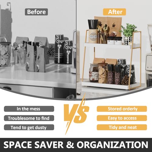 Coffee Bar Organizer for Countertop (White+gold)