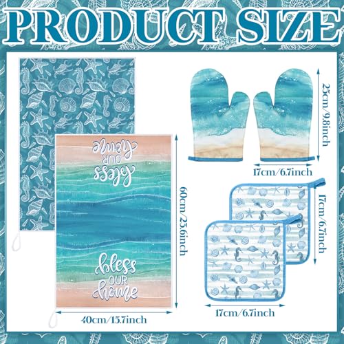 6 Ocean Kitchen Towels Oven Mitts and Pot Holders Sets (Blue / Ocean)