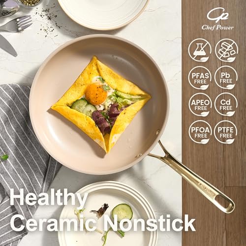 Ceramic Frying Pan with Stainless Steel handle 5Pcs Set (Stone Black and Light Gold)