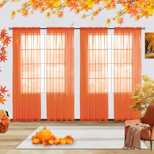 Solid Sheer Rod Pocket Curtain Voile Draperies 4 Panels White Beige Black Grey Ivory 52 Inch Width 84 Inch Long 1 Pair for Kitchen Bedroom Children Living Room Yard (Burnt Orange / 52"W x 84"L (Pack of 4))