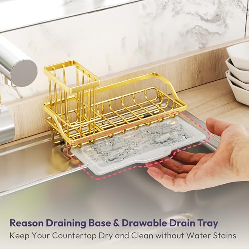 Sink Caddy Kitchen Sink Organizer with Detachable Brush Holder (Gold / Medium)