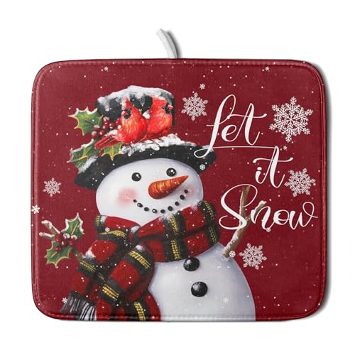 Christmas Dish Drying Mat for Kitchen Counter Snowman Let It Snow Microfiber Absorbent Dish Draining Reusable Washable Foldable 16"x18" (18" x 16")