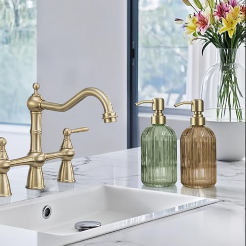 16 OZ Amber Glass Soap Dispenser (Brushed Gold + Amber / 2-Pack)