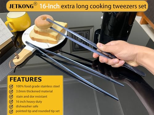 2 Pcs 16 Inch Heavy Duty Cooking Tweezers Extra Long Stainless Steel Kitchen Tweezers Large Plating Tongs (16+16 Inch / Navy Blue)