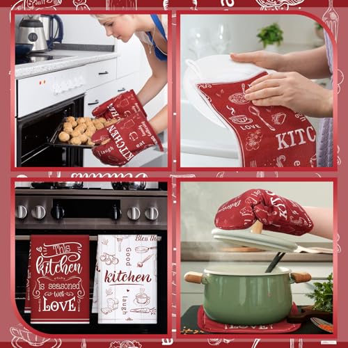 12 Pcs Farmhouse Kitchen Decor and Accessories Sets 4 Red Kitchen Towels 4 Absorbent Dishcloths 2 Pot Holders 2 Oven Mitts Gloves for Home Decor Mom Gifts (Red and White / Classic)