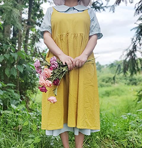 Women Girls Vintage Cute Apron Gardening Works Cross Back Cotton (Yellow / 32.3" x 41.3")