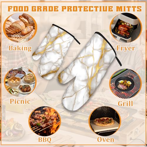 Marble Oven Mitts and Pot Holders Set (Marble White Gold Flowing Marble)
