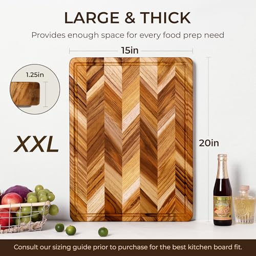 Teak Wood Cutting Board for Kitchen Extra 20'' Large End Grain Heavy Duty Checkered Wooden Cutting Board Non Toxic Herringbone Non Slip Charcuterie Butcher Block Juice Groove Handle Gift Box (20"L x 15"W x 1.25"H)