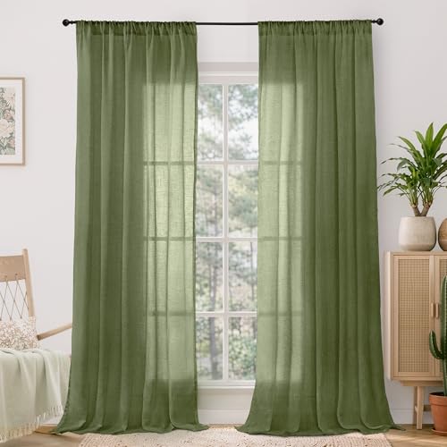 96 Inches Long Olive Green Linen Curtains for Living Room (Olive Green / 52"W x 96"L (Pack of 2))