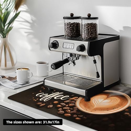 Dish Drying Mat Large Coffee Mat Absorbent Drying Mat for Kitchen Counter Coffee Bar Accessories 32"x 17" (Coffee and Beans 1)