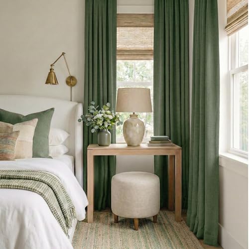 Olive Green 100% Blackout Linen Curtains 84 Inch Long for Office (Olive Green / 52"W x 84"L (Pack of 2))