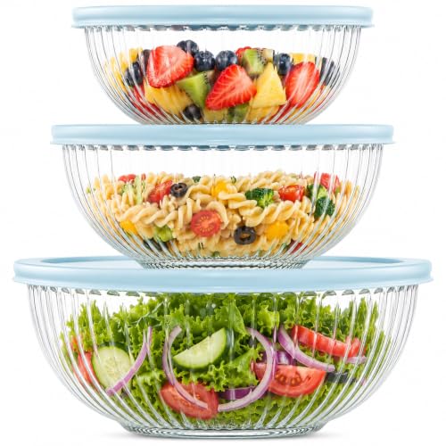 Glass Mixing Bowls with Lids Set (3 Pack Sky Blue)