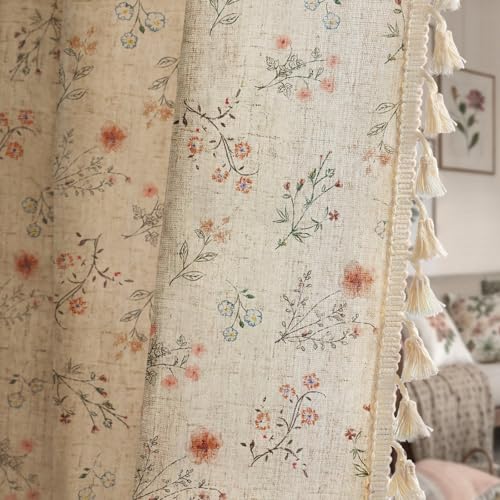 Boho Floral Light Filtering Curtains 84 Inch 2 Panels Linen Texture (Light Filtering Vintage Florals / 52"W x 84"L (Pack of 2))