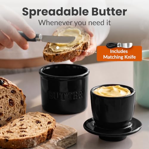 Butter Crock with Lid for Countertop with Spreader Knife and Water Line (Black / Regular)