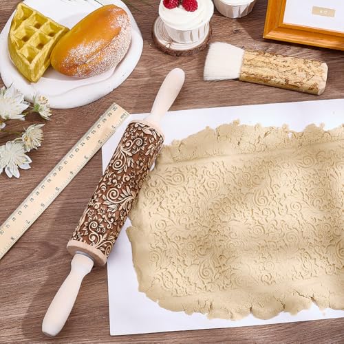Embossed Wooden Rolling Pin Vine Print 35cm Rolling Pin for Baking Biscuits 3D Pattern DIY Kitchen Tool Baking Accessories Homemade Bakery Pastry Cookie Fondant Dough Pizza (Floral Pattern)