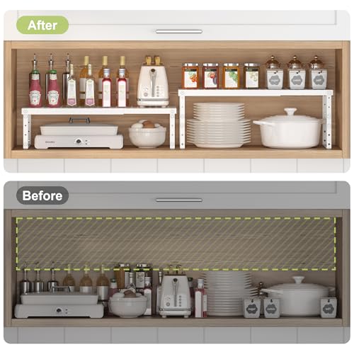 Expandable Cabinet Organizer Shelf With Adjustable Height (White-1 Pack / 10.23"D*15.35-26.77"W x 7.5"H)