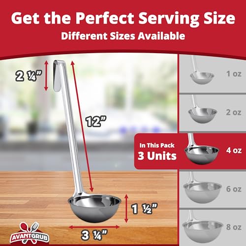 Super Sturdy Ergonomic 4 Oz. Soup Ladle 3 Pk. Stainless Steel Ladles with Long Handles. Best Kitchen Accessories for Stirring (4oz-3pk / Stainless Steel)