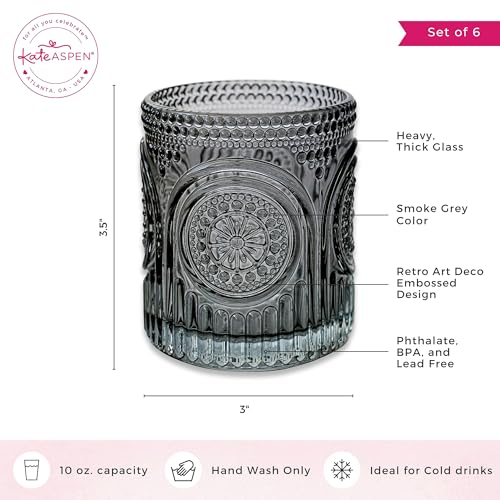 Ribbed Retro Arch Floral Smoke Grey Drinking Glasses Set of 6 (10 oz / Smoke Grey)