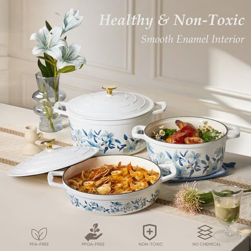 5QT Enameled Floral Cast Iron Dutch Oven Pot with Lid (Blue Floral / 5QT)