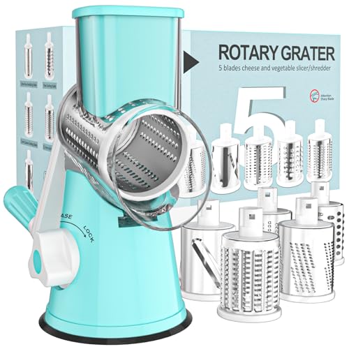 Rotary Cheese Grater Hand Crank Cheese Shredder for Fresh Cheese (5 BLADES / Blue)