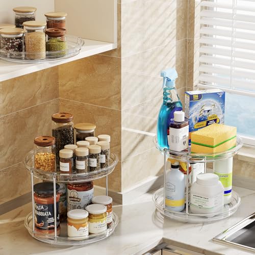 2 Pack 2 Tier Lazy Susan Turntable Organizer 9.25'' Rotating Spice Rack Organization for Cabinet (Clear / 9.25in 2 Pack)