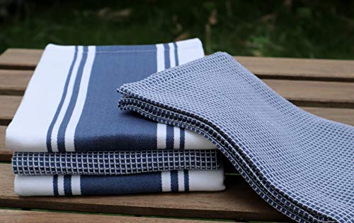 Cotton Kitchen Towels (Blue / 2 Stripe + 2 Waffle Towels)