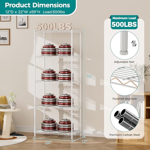 5 Metal Shelves Wire Shelving Storage Shelf Adjustable Unit Pantry (White / 5 Tier 12"Dx22"Wx59"H)