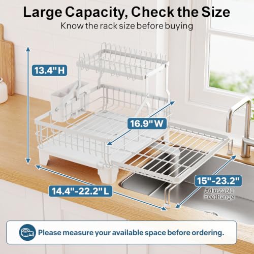 Large Expandable 2 Tier Dish Drying Rack (White / 2-Tier, Expandable 14.4"-22.4" W)