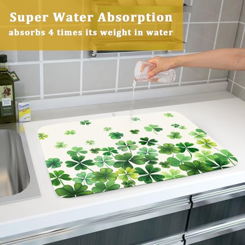 Happy St. Patrick's Day Dish Drying Mat for Kitchen Green Kitchen Dish Drying Mat for Dishes Spring Lucky Clover Shamrock Drying Mats 18x24 Inch Absorbent Reversible Dish Pad for Countertop Coffee Bar (Happy St. Patrick's Day Clover / 18" x 24")