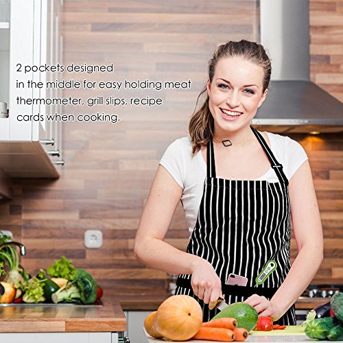 2 Pack Adjustable Bib Apron Thicker Waterdrop Resistant with 2 Pockets Cooking Kitchen Aprons for Women Men Chef (Stripe Black Pin / 2 Polyester)