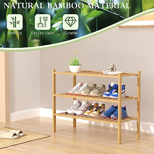 3 Tier Bamboo Shoe Rack for Closet Free Standing Wood Shoe Shelf Storage Organizer for Entryway Small Space Stackable 27"x11"x20" (Natural / 3 Tier)
