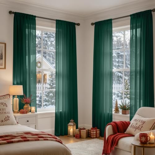 4 Panels Hunter Green Christmas Sheer Curtains 42 x 108 Inches (42"W x 108"L (Pack of 4) / Hunter Green)