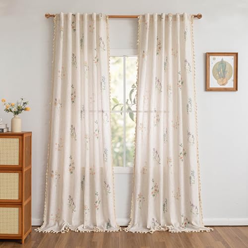 Floral Boho Farmhouse Curtains 96 Inches Long Linen Blend Light Filtering Living (Flower / 50"W x 96"L (Pack of 2))