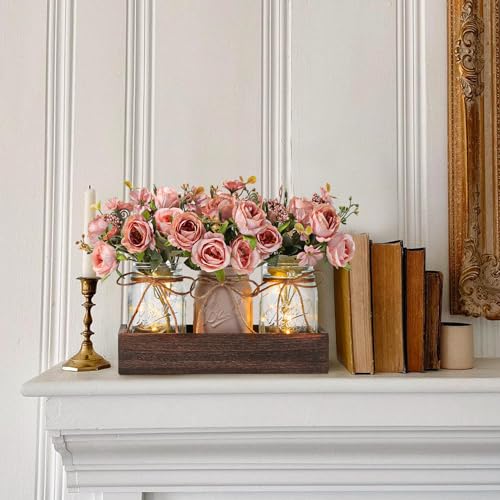 3 Pcs Mason Jar Centerpiece Table Decorations for Dining Table Decor Farmhouse Coffee Table Decor with Wood Tray and Led Light Table Centerpieces for Dining Room Kitchen Living Bathroom (Pink)