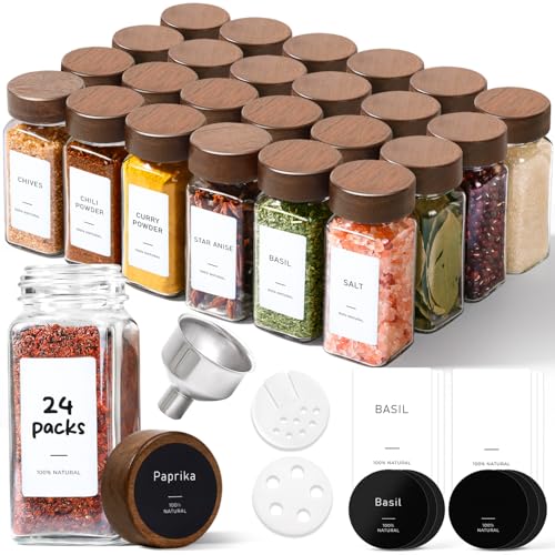 Glass Spice Storage Jars with Acacia Wood Lids & Labels 4Oz 24Pack (4Oz*24)