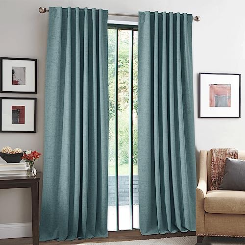 100% Blackout Linen Textured Curtains 108 inches Long (Misty Blue / 52"W x 108"L (Pack of 2))